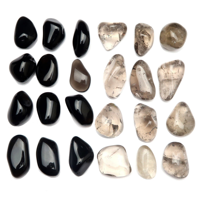 smoky quartz and obsidian tumbled stones