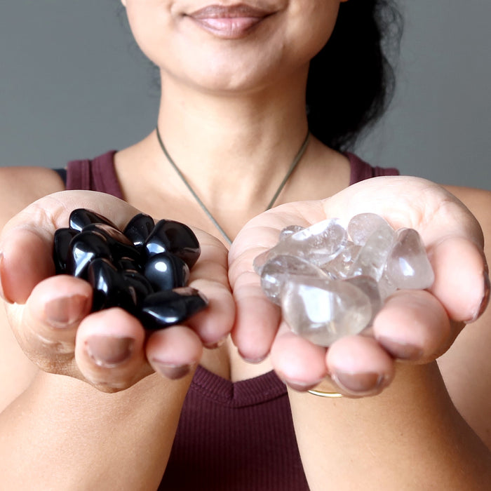 smoky quartz and obsidian tumbled stones