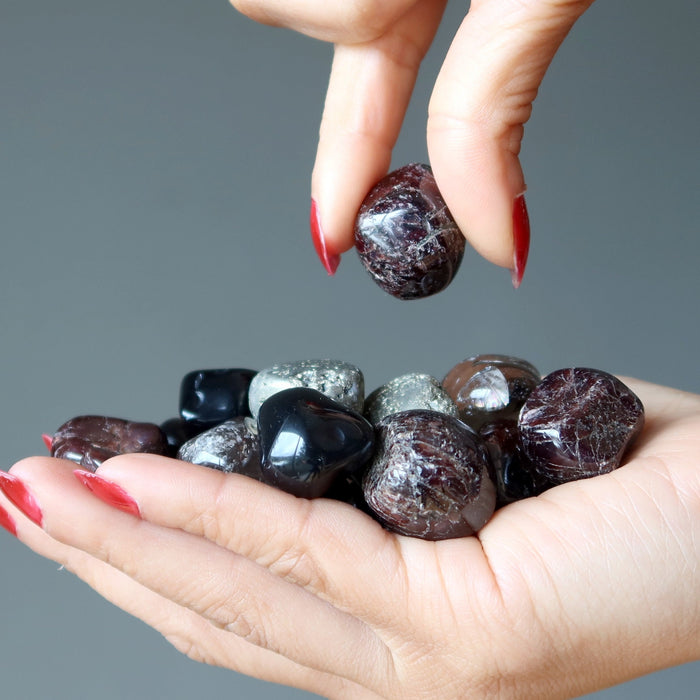 garnet, pyrite, obsidian, smoky quartz tumbled stone set