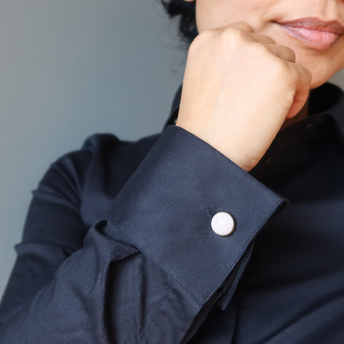 rose quartz antique bronze cufflinks on black french cuff
