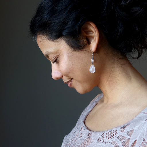 sheila of satin crystals wearing rose quartz drop earrings