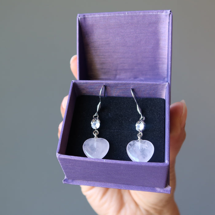 rose quartz heart earrings with sparkling crystal accents in purple satin crystals gift box