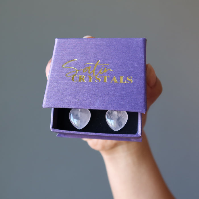 rose quartz heart earrings with sparkling crystal accents in purple satin crystals gift box