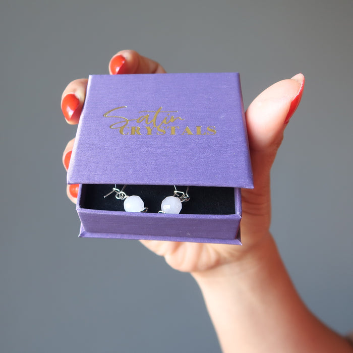 faceted rose quartz on hammered sterling silver earrings in purple satin crystals gift box