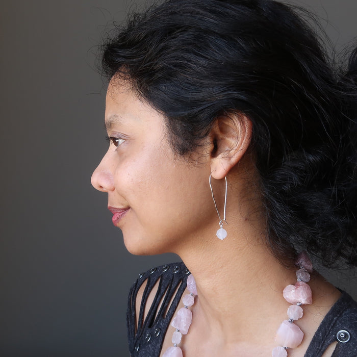 sheila of satin crystals wearing faceted rose quartz on hammered sterling silver earrings