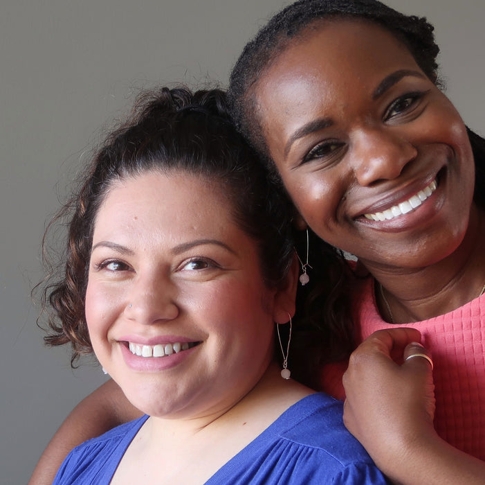 sotera and bridget of satin crystals wearing faceted rose quartz on hammered sterling silver earrings