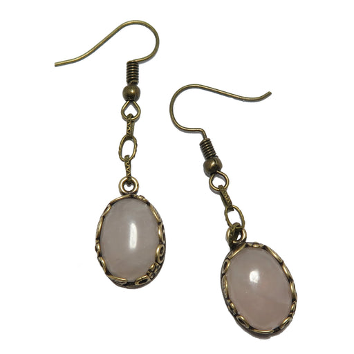 pink rose quartz ovals in antique chain dangle earrings