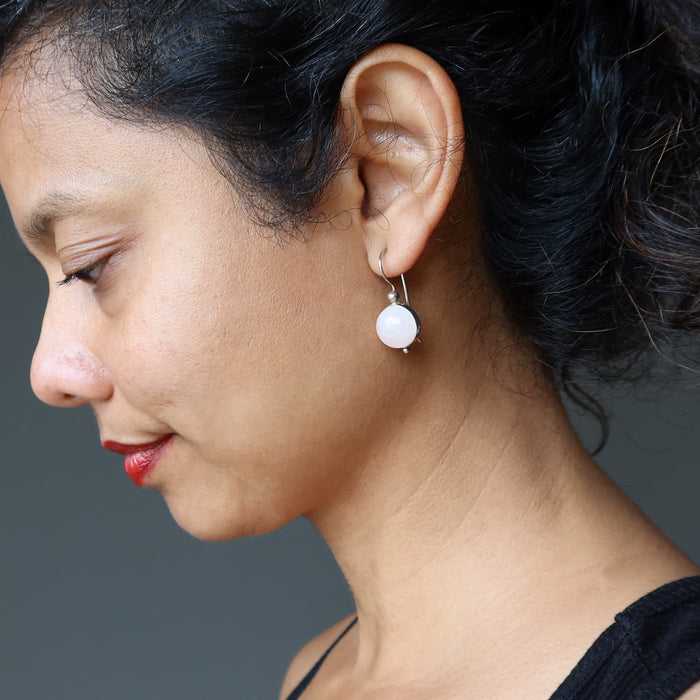 sheila of satin crystals wearing pink rose quartz sterling silver earrings