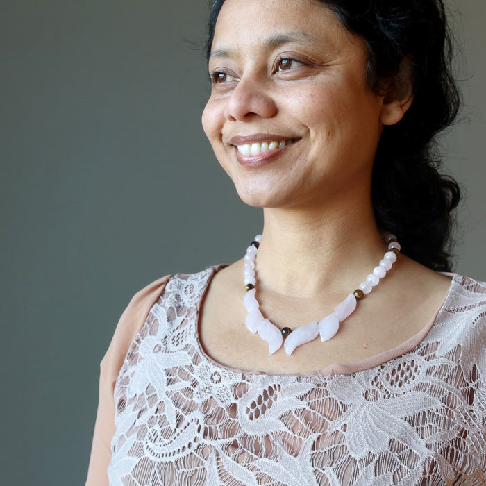 sheila of satin crystals wearing a rose quartz flame necklace
