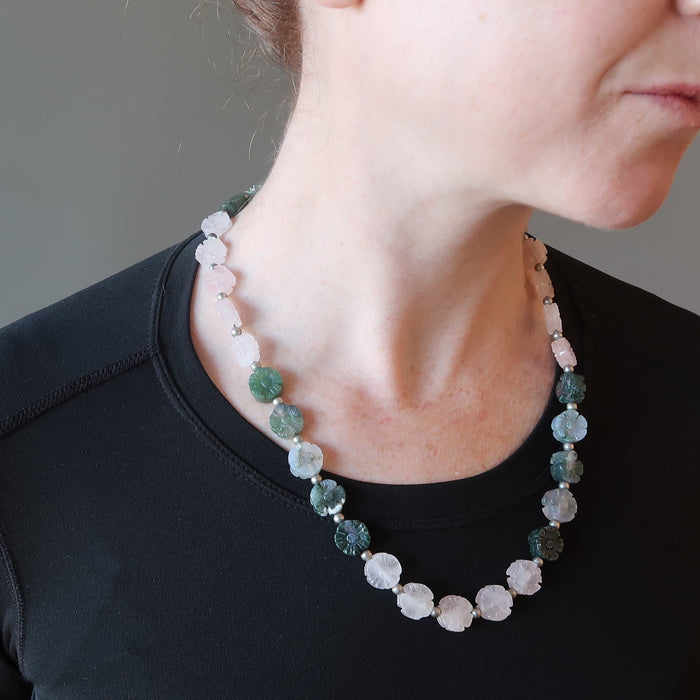 woman modeling a rose quartz moss agate flower necklace