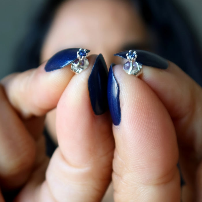 Sapphire Earrings Faceted Blue Gem Studs Sterling Silver