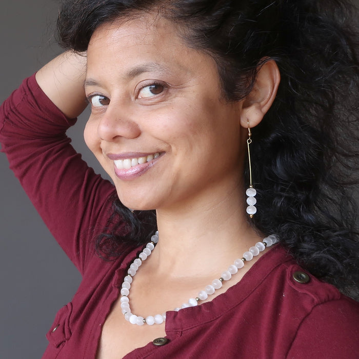 Selenite Earrings Radiant White Beads Long Gold