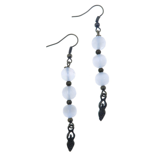 round beaded white selenite with goddess charm dangling antiqued brass earrings