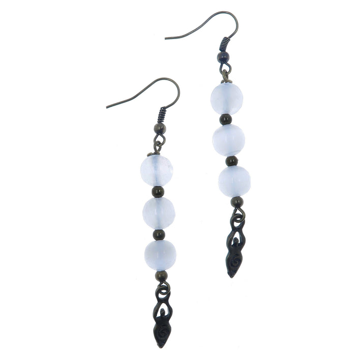 round beaded white selenite with goddess charm dangling antiqued brass earrings