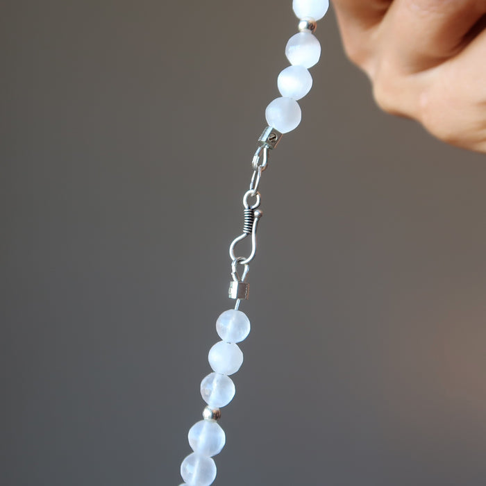 silver hook clasp of white selenite necklace