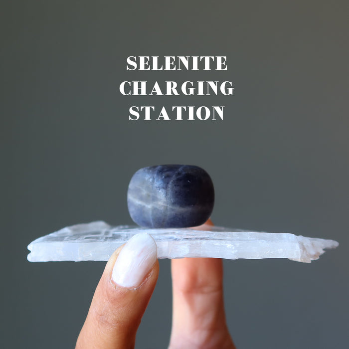 true selenite crystals with iolite tumbled