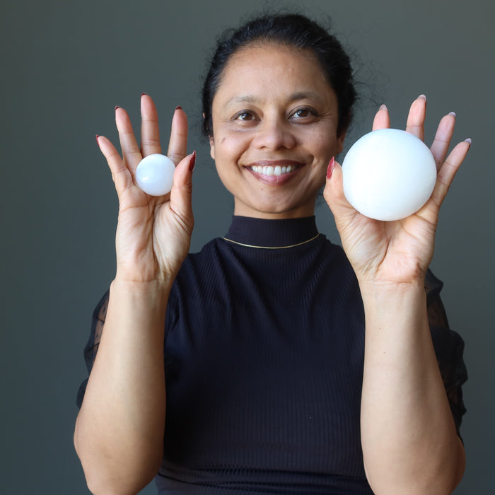 white selenite spheres