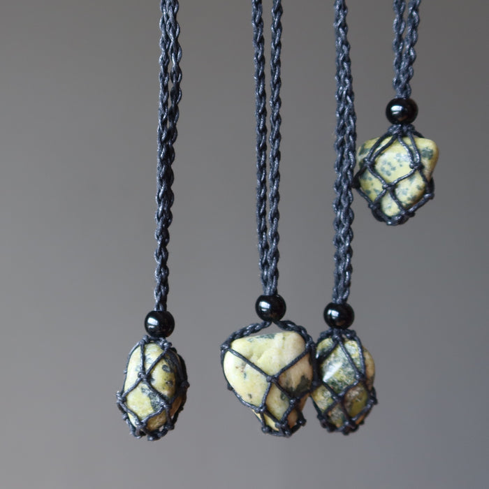 serpentine tumbled stone in macrame necklaces