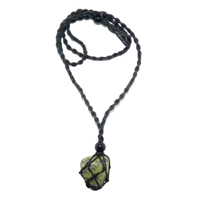 serpentine tumbled stone in macrame necklace