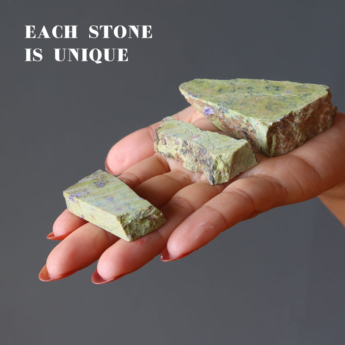 three differnt sizes of Green raw Serpentine Crystals