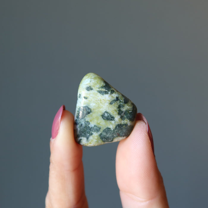 fingers holding one Serpentine Tumbled Stone