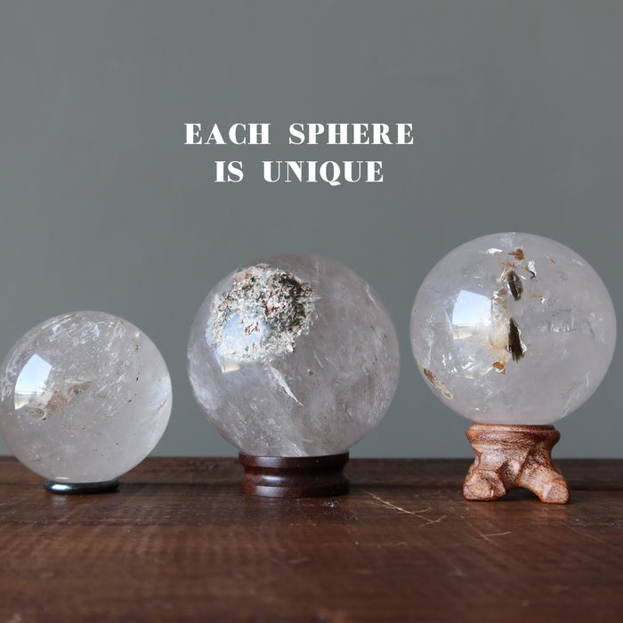 three smoky quartz sphere on stands