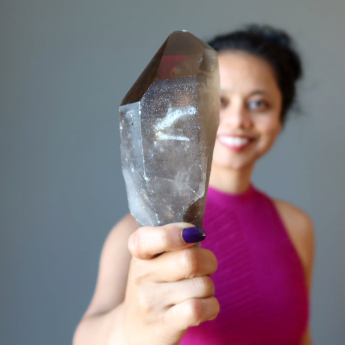 sheila holding Smoky Quartz Point Wand