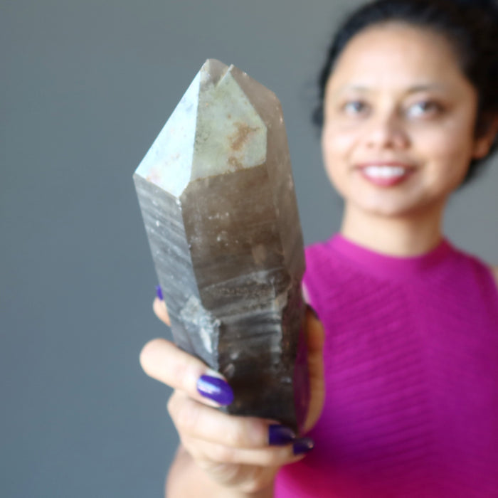 sheila holding Smoky Quartz Point Wand
