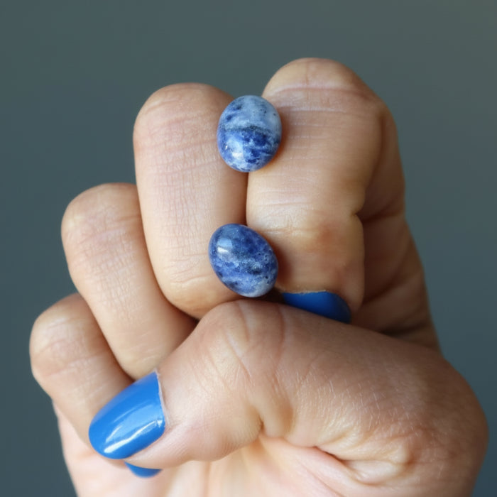 hand holding sodalite oval earrings
