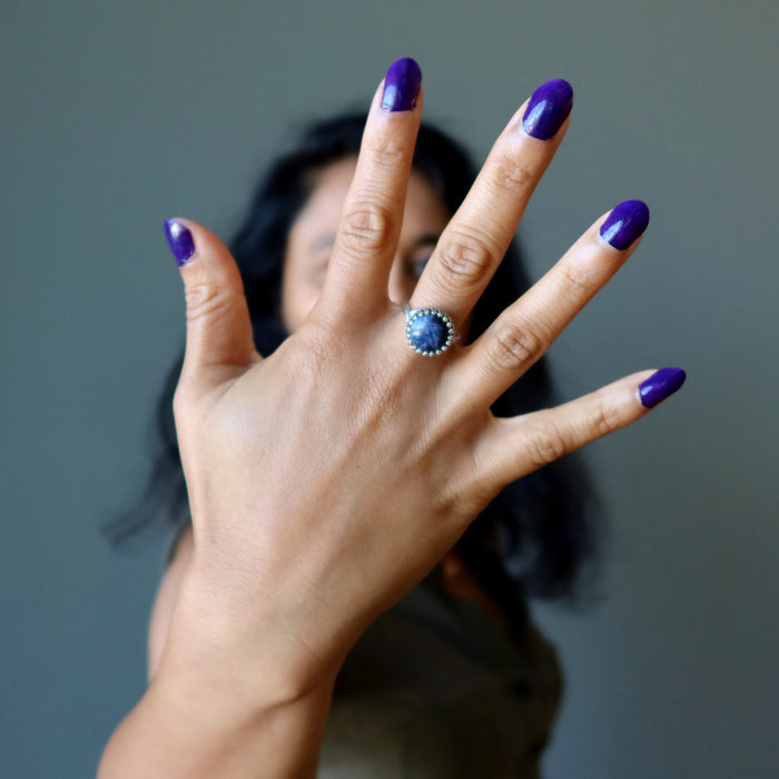 model wearing Sterling Silver Adjustable Sodalite Ring 