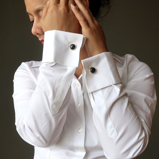 sheila of satin crystals wearing blue sodalite cufflinks in gold metal
