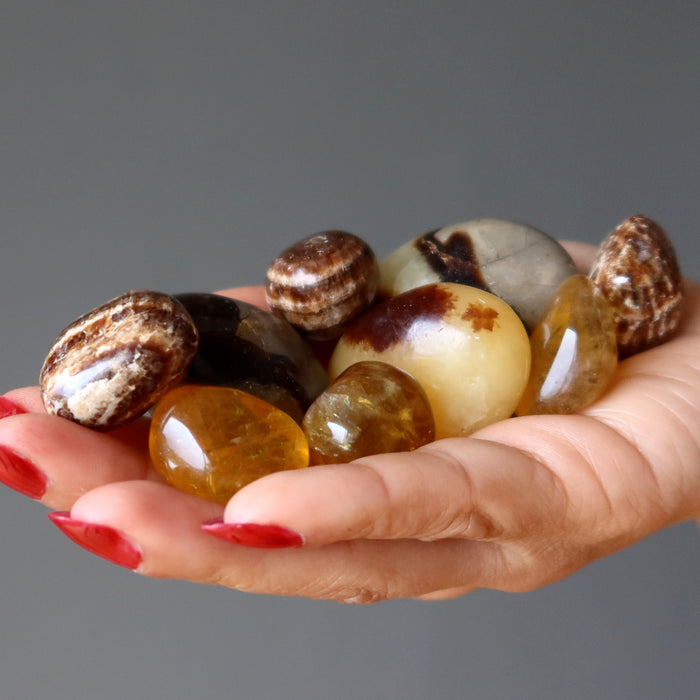 aragonite, honey calcite, septarian tumbled stones
