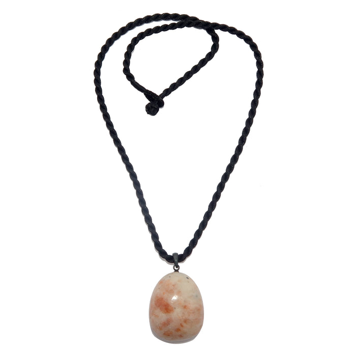 sunstone hangs from a gunmetal bail on a black satin-coated nylon twist cord. The necklace is secured with a knot clasp. 
