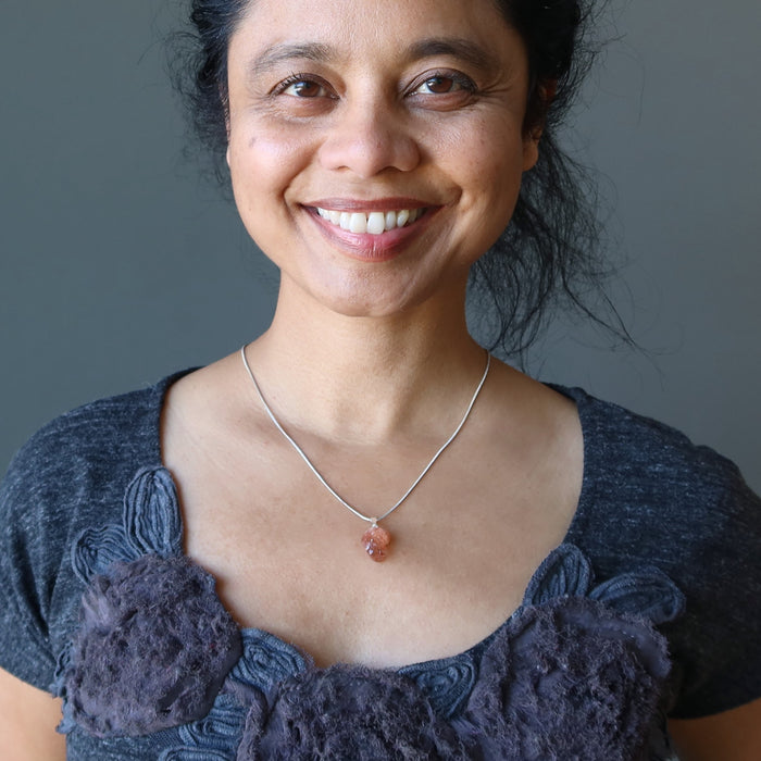 sheila wearing Sunstone Pendant Drop pendant