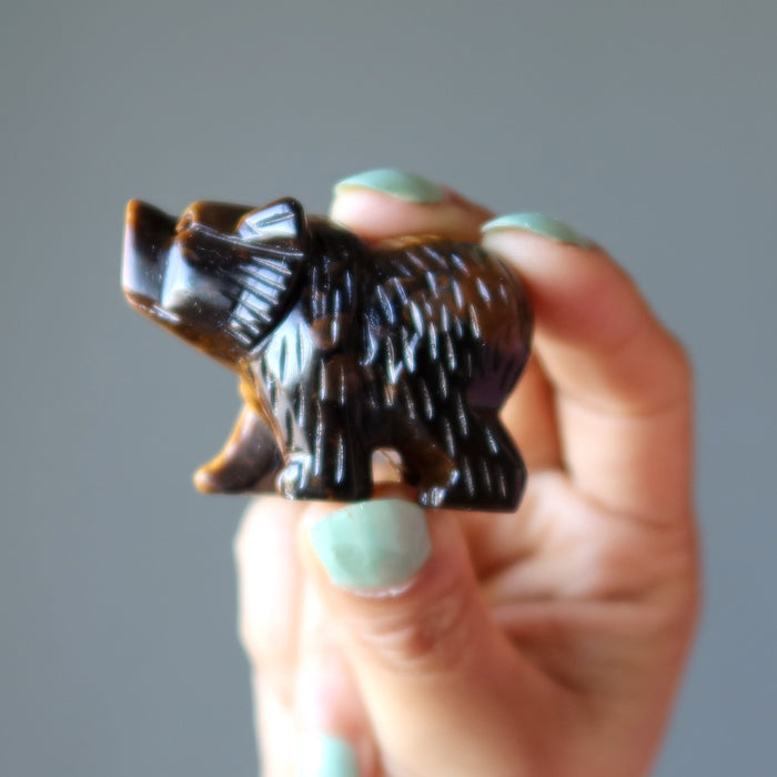 finger tips holding Tigers Eye Bear 