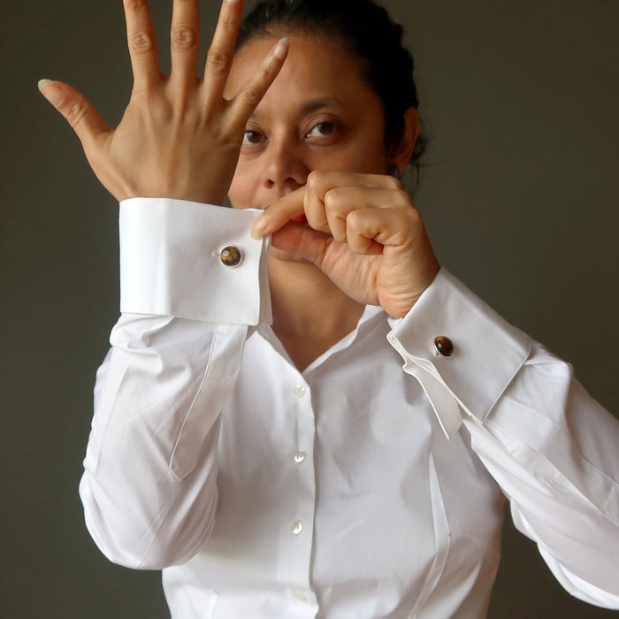 woman modeling tigers eye cufflinks