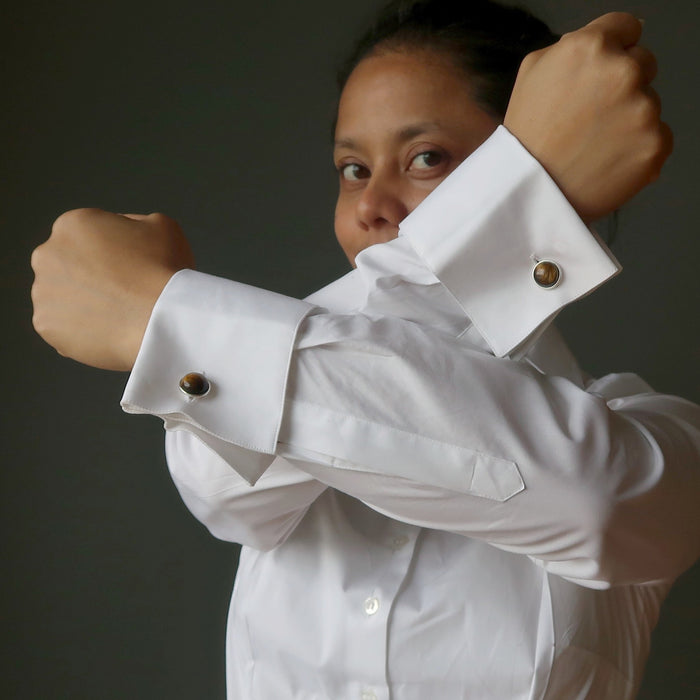 woman modeling tigers eye cufflinks