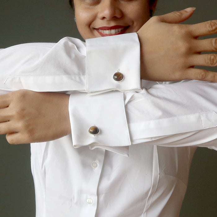 woman modeling tigers eye cufflinks