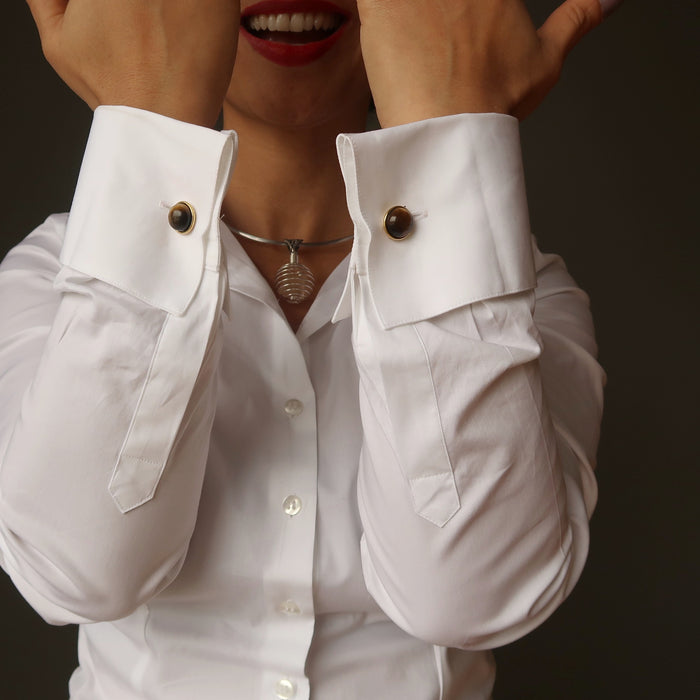 woman modeling tigers eye gold cufflinks