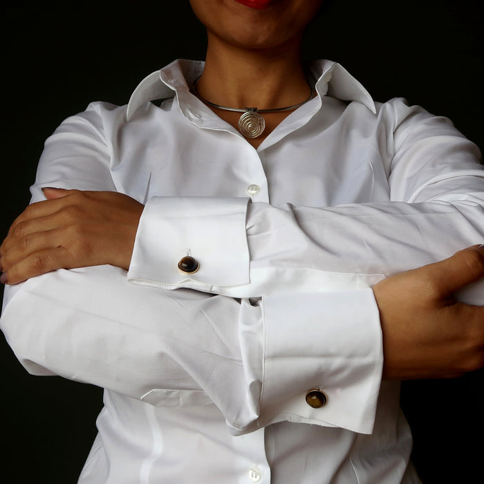 woman modeling tigers eye gold cufflinks