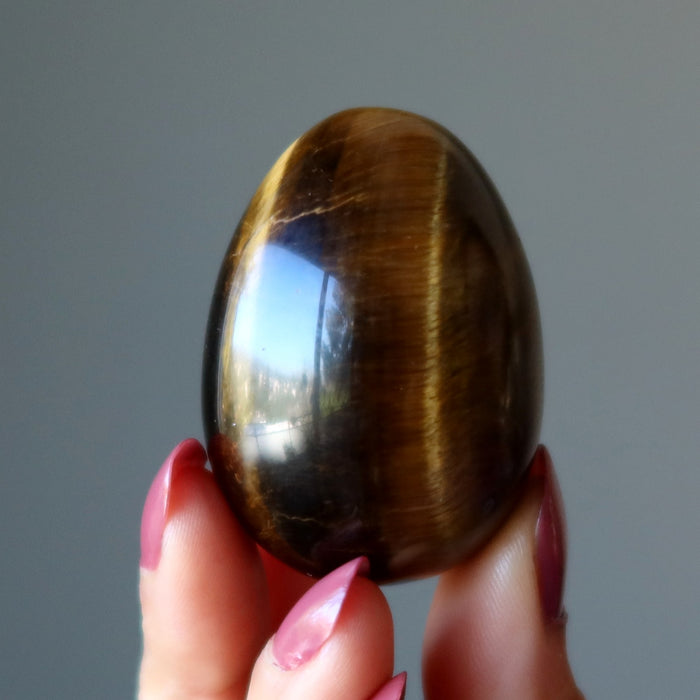 finger tips holding Tigers Eye Egg