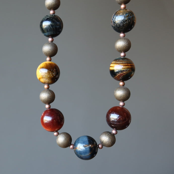 golden, blue and red tigers eye on antiqued beaded necklace