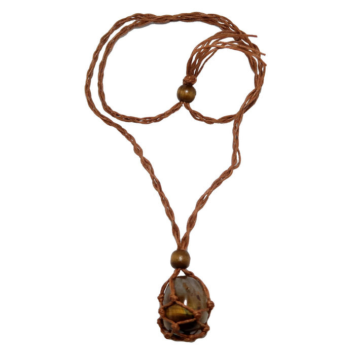 An adjustable brown macrame necklace with a tumbled Tigers Eye stone pendant.