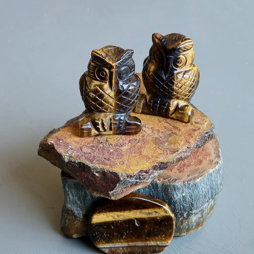 2 Tigers Eye Owls sitting on the raw Tigers eye rock