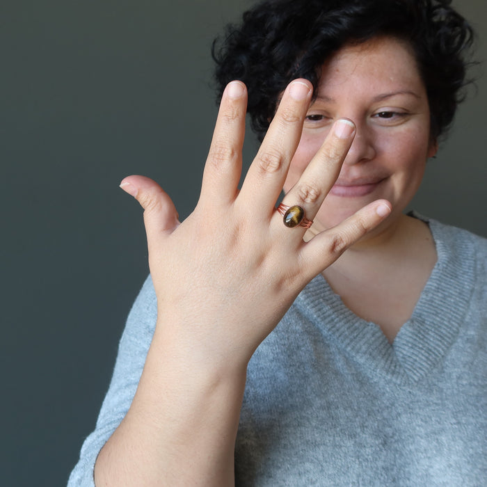 Tigers Eye Ring Golden Nature Gem Copper Adjustable