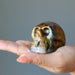 hand holding a brown tigers eye skull