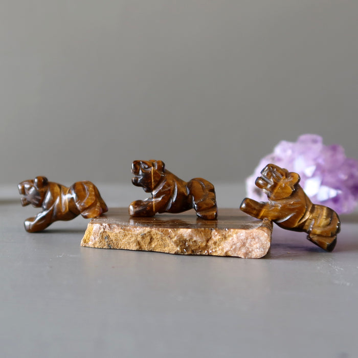 1 Tigers Eye Tiger on the tiger eyes plate and 2nd is climbing on the tiger eyes plate and 3rd id on the table