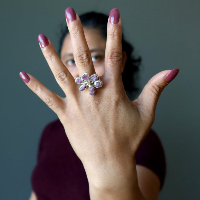 pink tourmaline sterling silver ring on hand