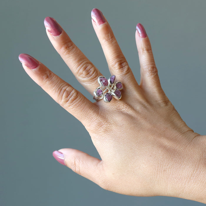 pink tourmaline sterling silver ring on finger