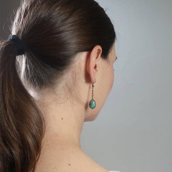 female model wearing Blue Oval Antiqued Leaf Turquoise Earrings